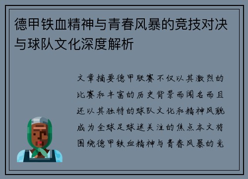 德甲铁血精神与青春风暴的竞技对决与球队文化深度解析