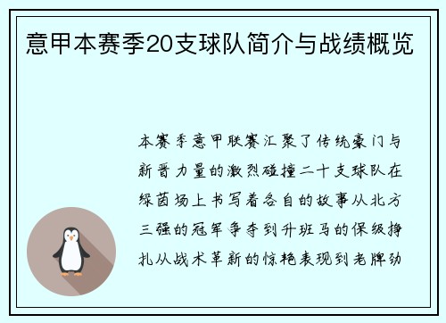 意甲本赛季20支球队简介与战绩概览