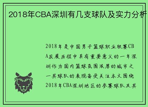 2018年CBA深圳有几支球队及实力分析