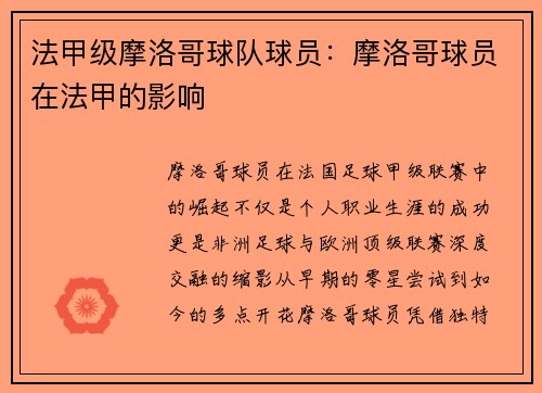 法甲级摩洛哥球队球员：摩洛哥球员在法甲的影响